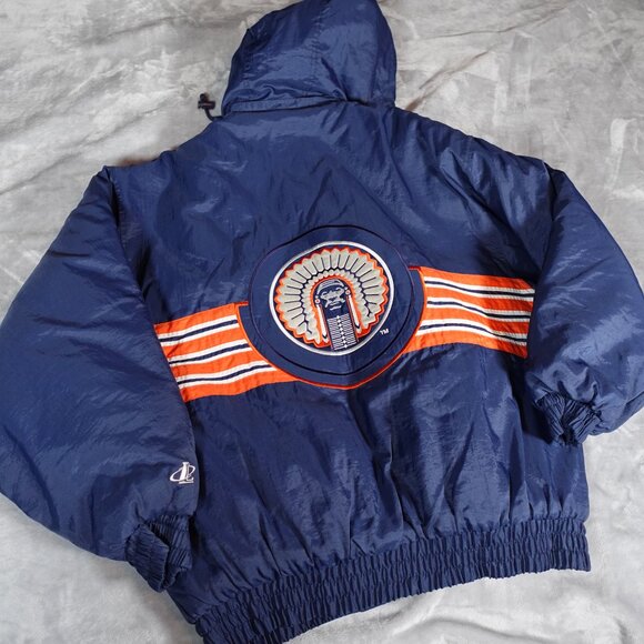Vintage Logo Athletic Illinois Fightin Illini Puffer Jacket Mens L Hooded 90s - Picture 1 of 12